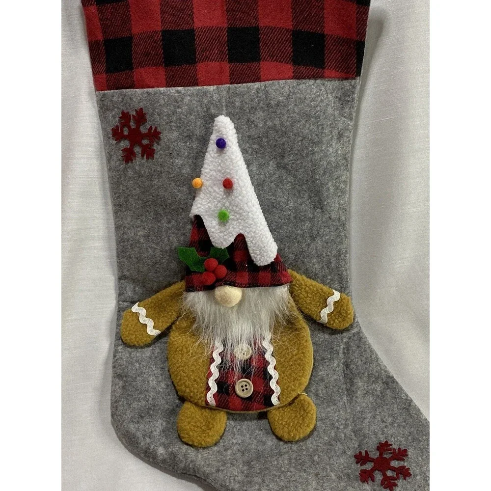 Christmas Stocking 3D Gnome Gingerbread & Plaid Cuff Xmas Decorations Candy bag